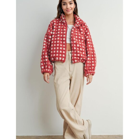 Women Red Cropped Sherpa Fleece Plaid Jacket Chunky Outerwear - Picture 6 of 6